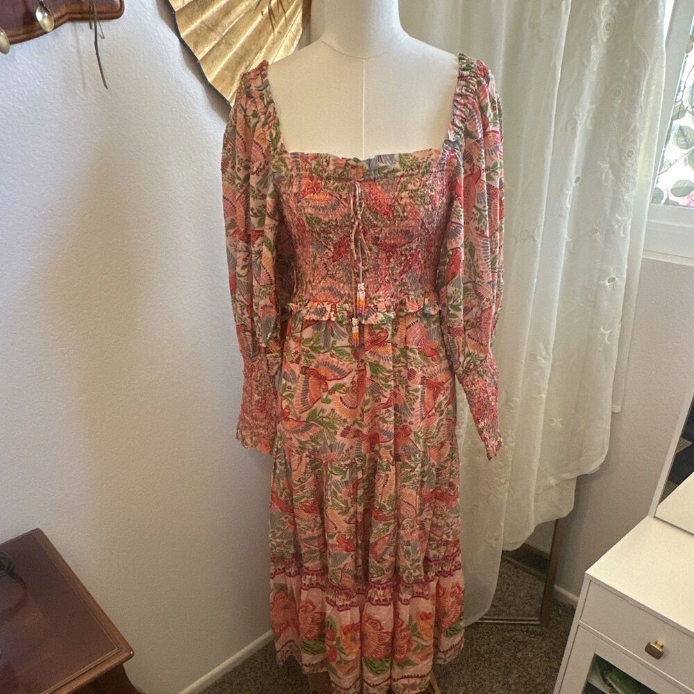 FARM Rio Anthropologie Macaw Flight Smocked Pink Tropical Maxi Midi Dress sz S